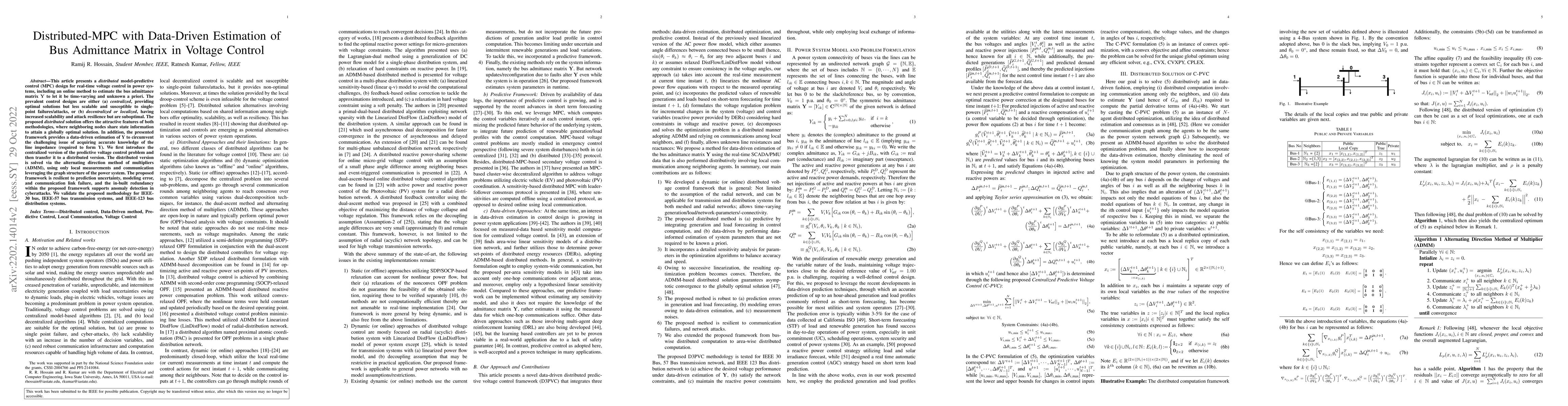 Thumbnail for Distributed-MPC with Data-Driven Estimation of Bus Admittance Matrix in
  Voltage Control