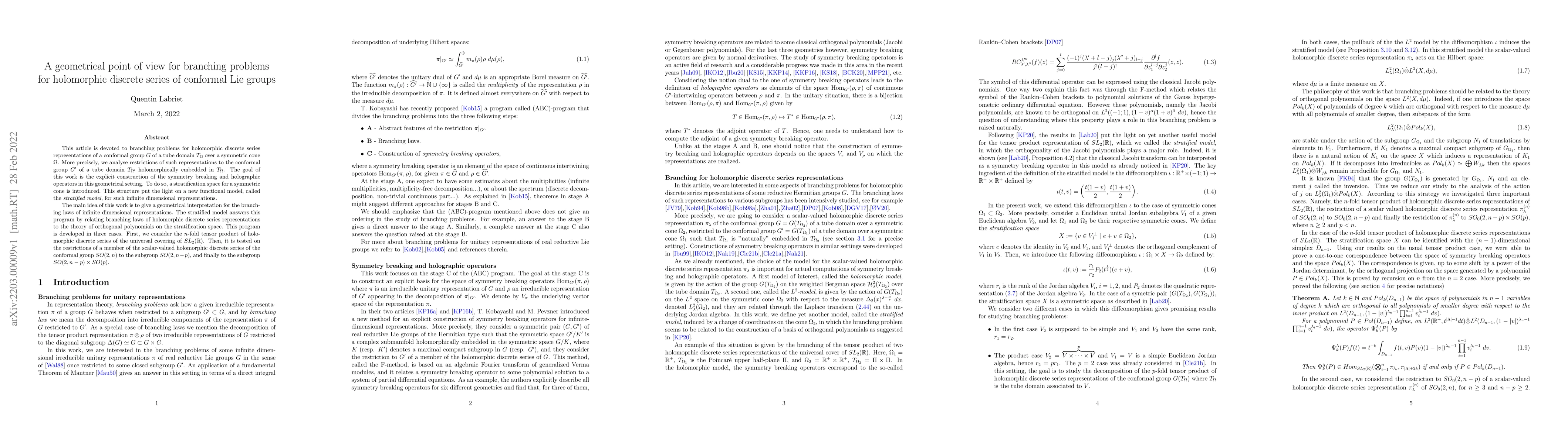 Thumbnail for A geometrical point of view for branching problems for holomorphic
  discrete series of conformal Lie groups