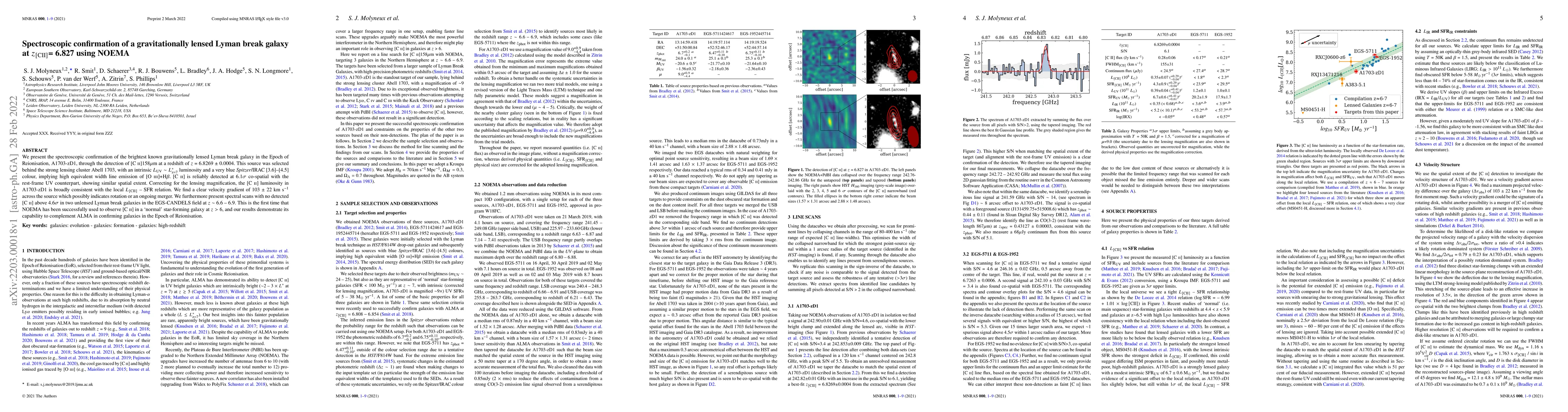 Thumbnail for Spectroscopic confirmation of a gravitationally lensed Lyman break
  galaxy at z$_{[CII]}$ = 6.827 using NOEMA