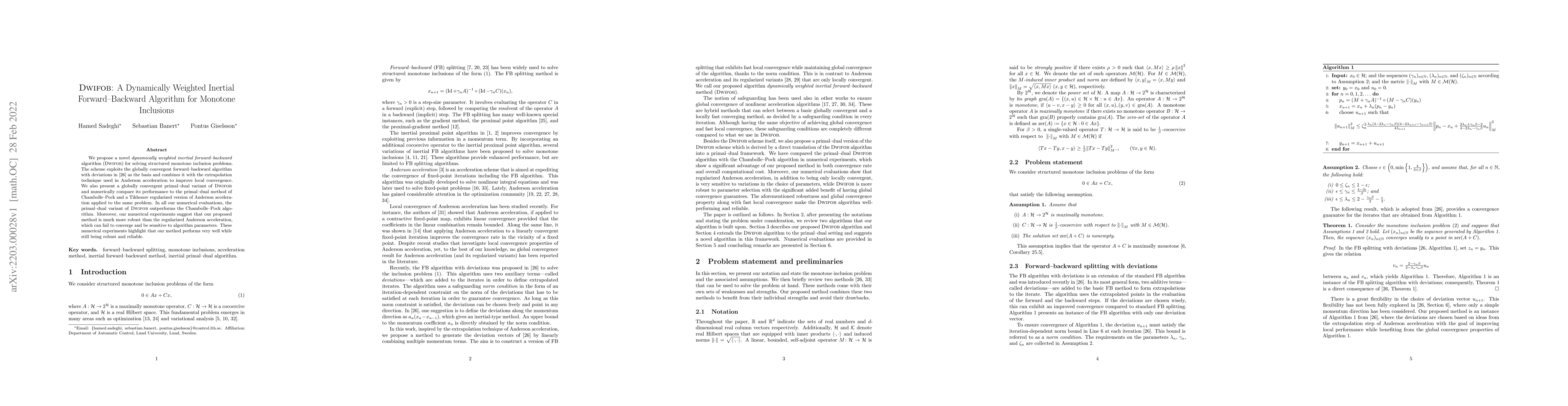 Thumbnail for DWIFOB: A Dynamically Weighted Inertial Forward-Backward Algorithm for
  Monotone Inclusions