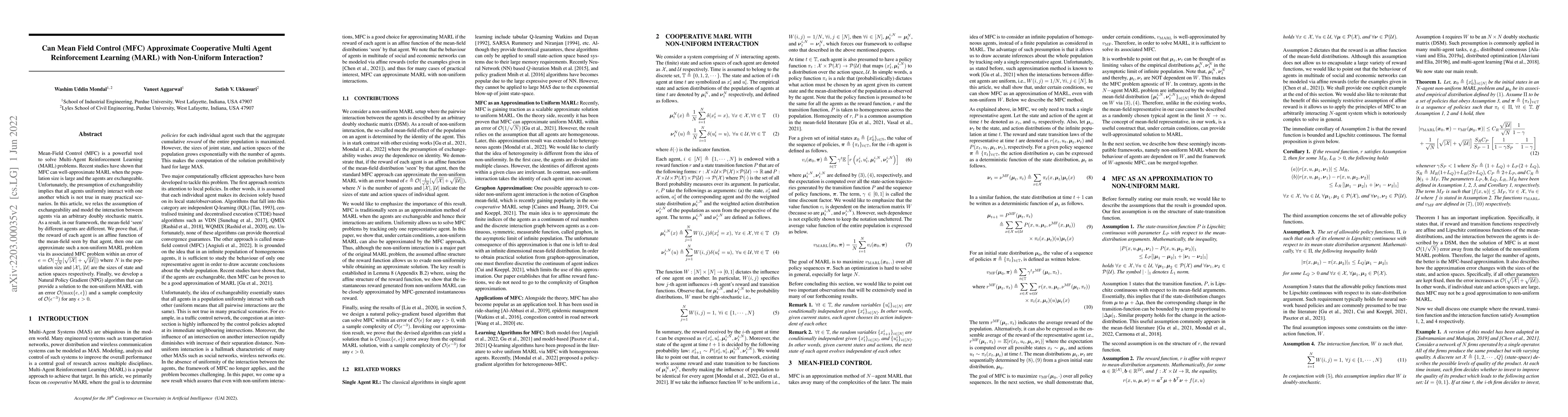 Thumbnail for Can Mean Field Control (MFC) Approximate Cooperative Multi Agent
  Reinforcement Learning (MARL) with Non-Uniform Interaction?
