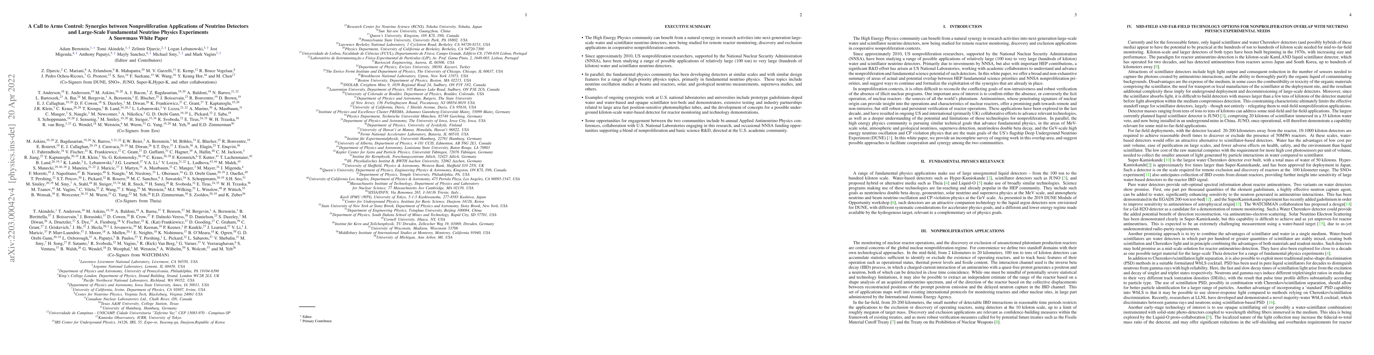 Thumbnail for A Call to Arms Control: Synergies between Nonproliferation Applications
  of Neutrino Detectors and Large-Scale Fundamental Neutrino Physics
  Experiments