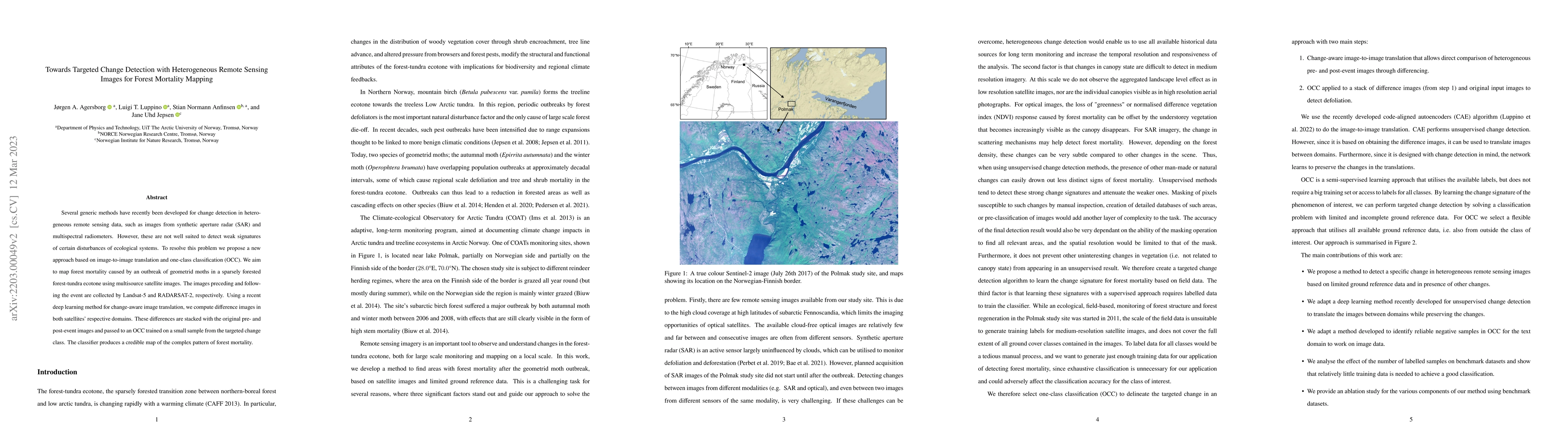 Thumbnail for Towards Targeted Change Detection with Heterogeneous Remote Sensing
  Images for Forest Mortality Mapping
