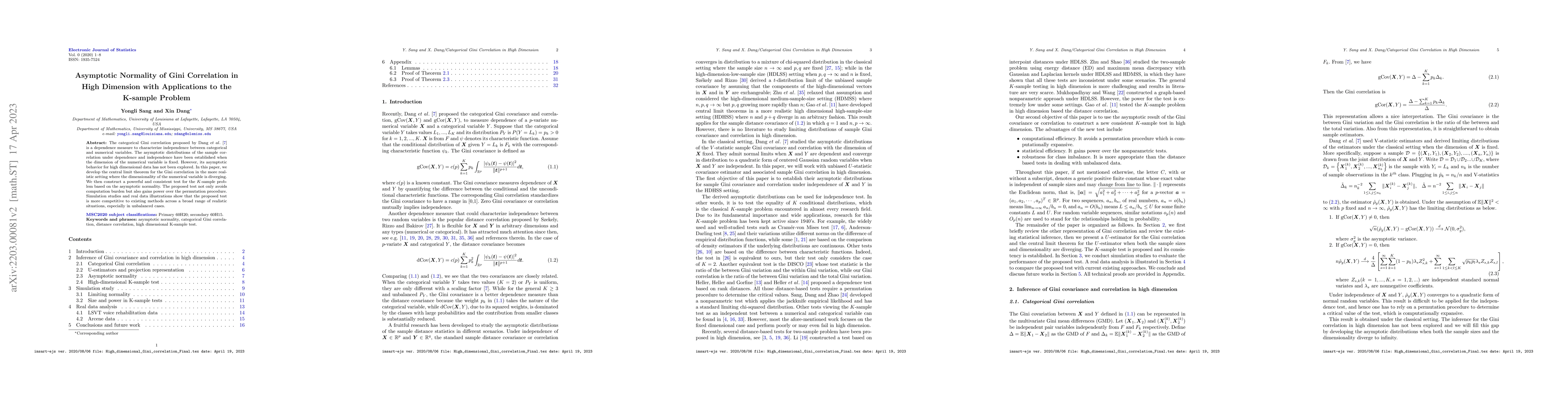 Thumbnail for Asymptotic Normality of Gini Correlation in High Dimension with
  Applications to the K-sample Problem