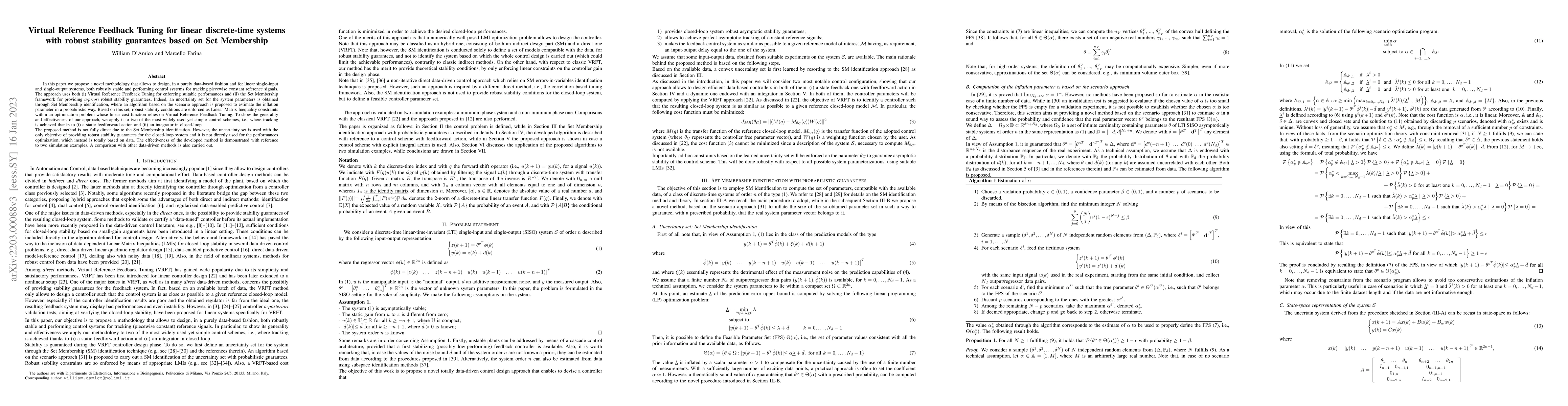 Thumbnail for Virtual Reference Feedback Tuning for linear discrete-time systems with
  robust stability guarantees based on Set Membership