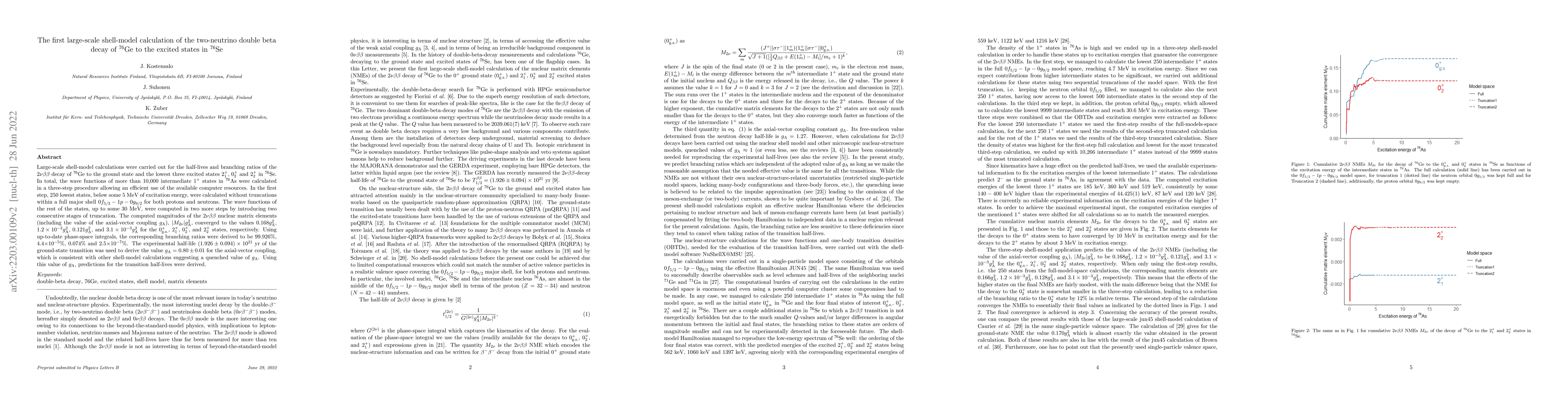 Thumbnail for The first large-scale shell-model calculation of the two-neutrino double
  beta decay of $^{76}$Ge to the excited states in $^{76}$Se