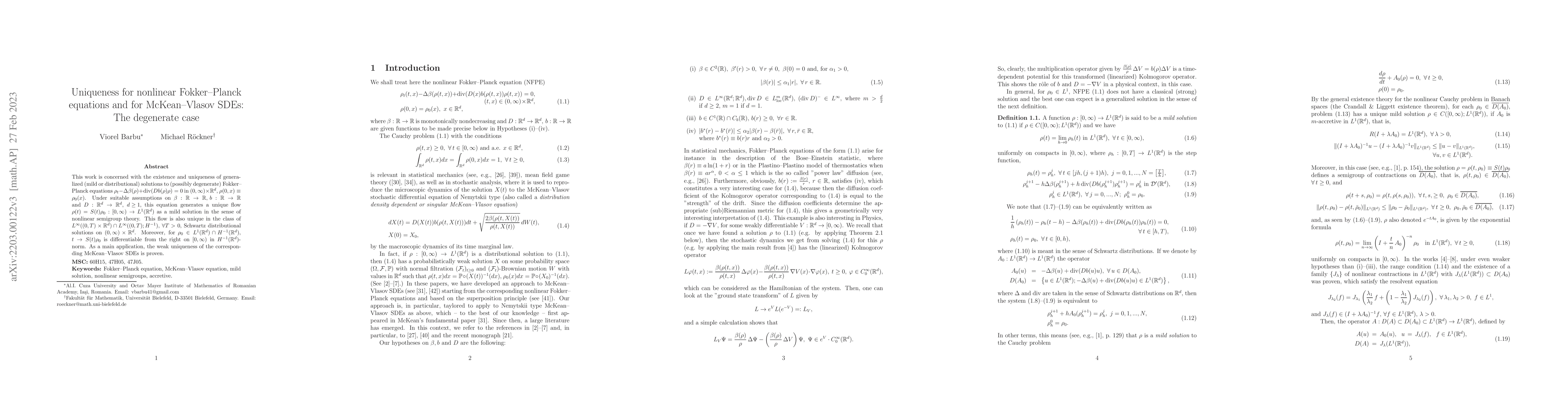 Thumbnail for Uniqueness for nonlinear Fokker-Planck equations and for McKean-Vlasov
  SDEs: The degenerate case