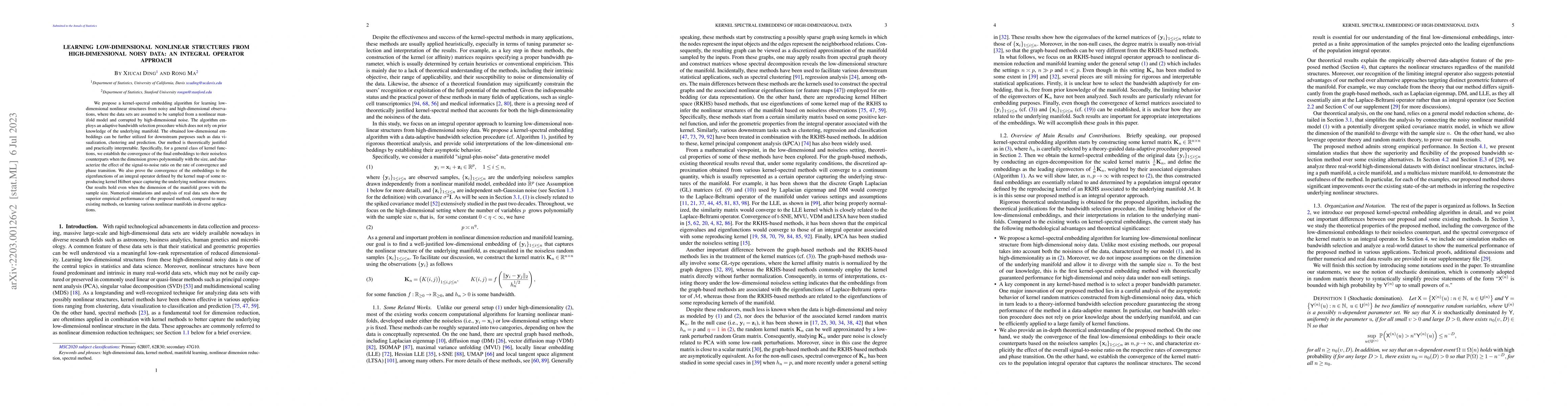 Thumbnail for Learning Low-Dimensional Nonlinear Structures from High-Dimensional
  Noisy Data: An Integral Operator Approach