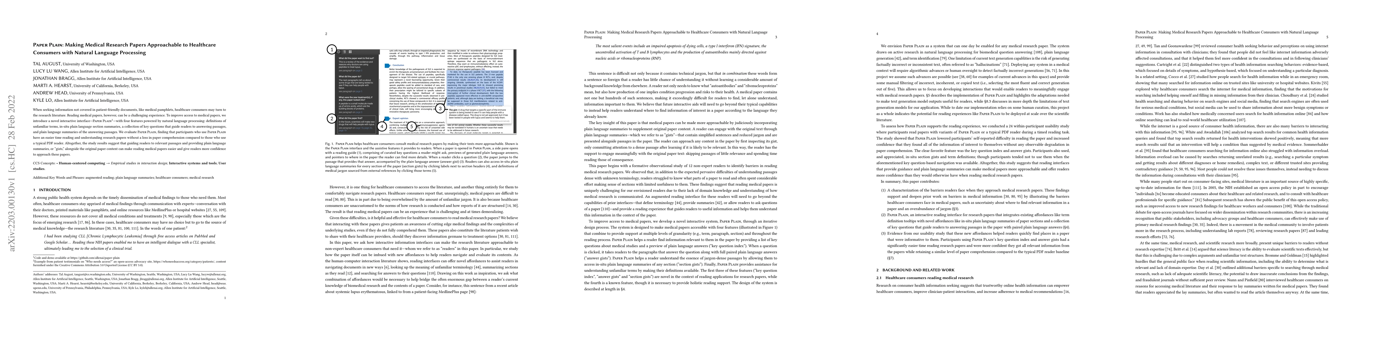 Thumbnail for Paper Plain: Making Medical Research Papers Approachable to Healthcare
  Consumers with Natural Language Processing