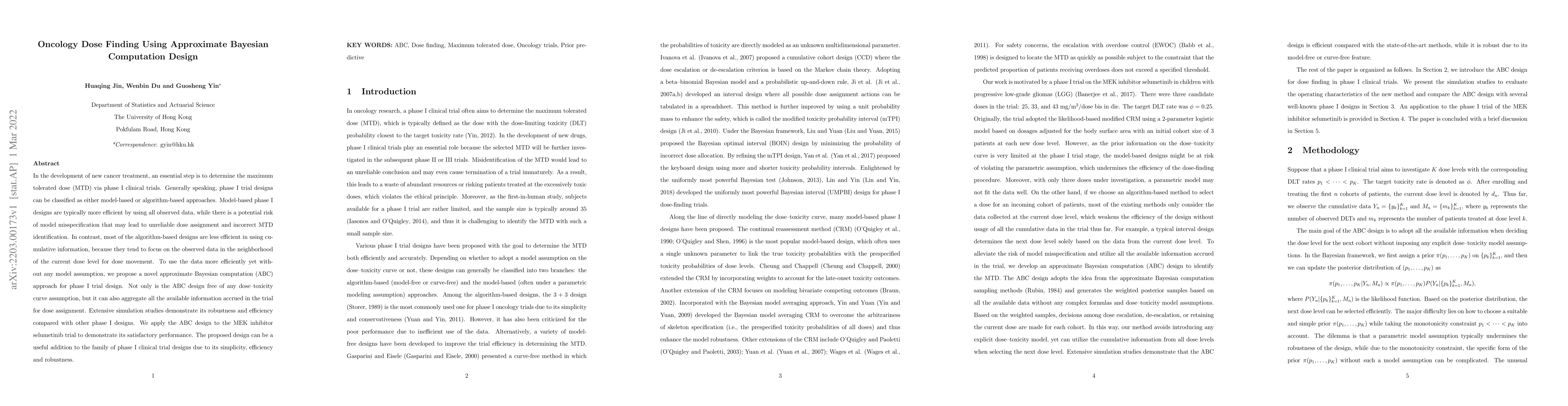 Thumbnail for Oncology Dose Finding Using Approximate Bayesian Computation Design