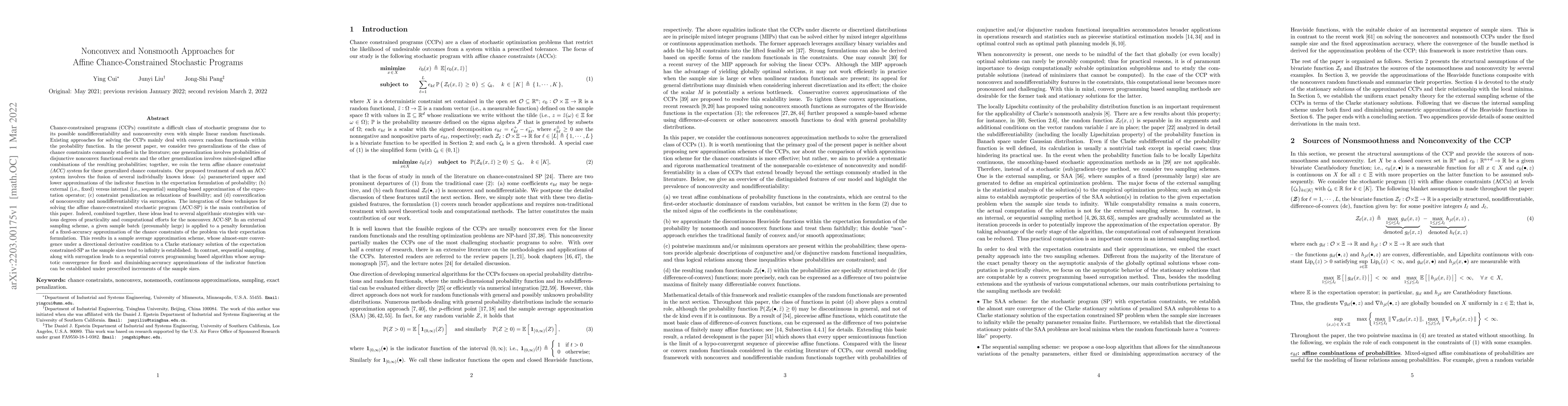 Thumbnail for Nonconvex and Nonsmooth Approaches for Affine Chance-Constrained
  Stochastic Programs