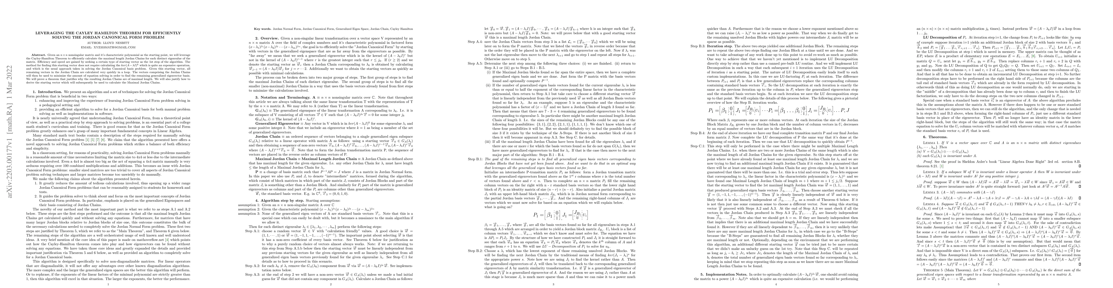 Thumbnail for Leveraging the Cayley Hamilton Theorem for Efficiently Solving the
  Jordan Canonical Form Problem