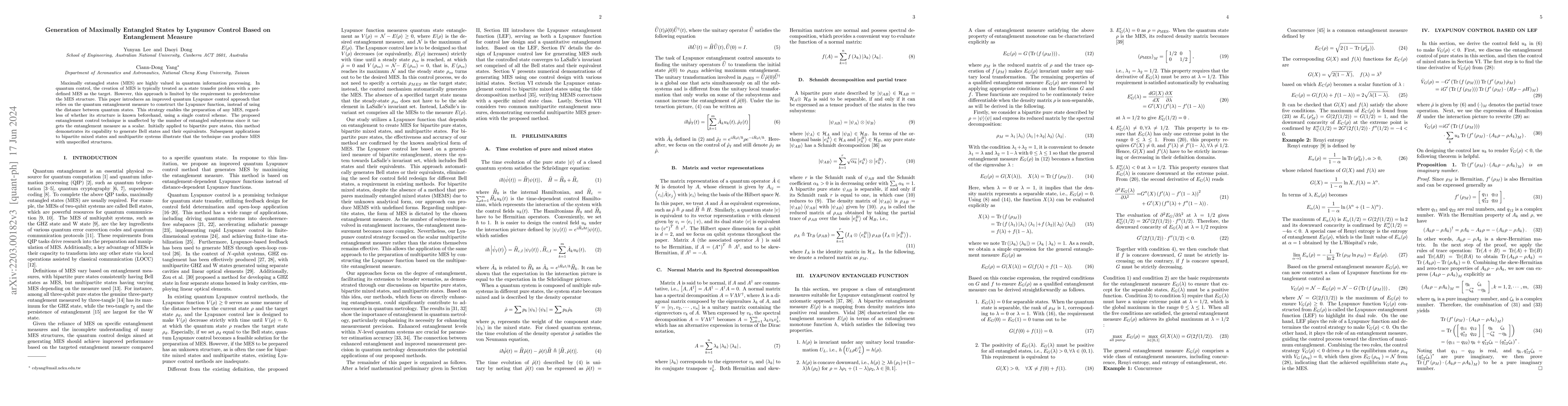 Thumbnail for Generation of Maximally Entangled States by Lyapunov Control Based on
  Entanglement Measure