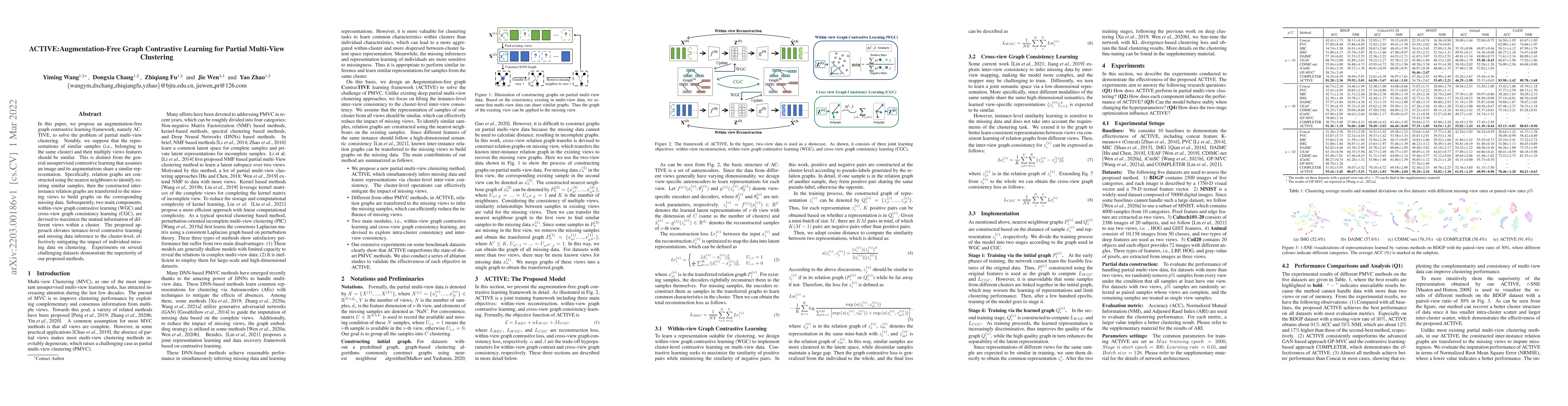Thumbnail for ACTIVE:Augmentation-Free Graph Contrastive Learning for Partial
  Multi-View Clustering