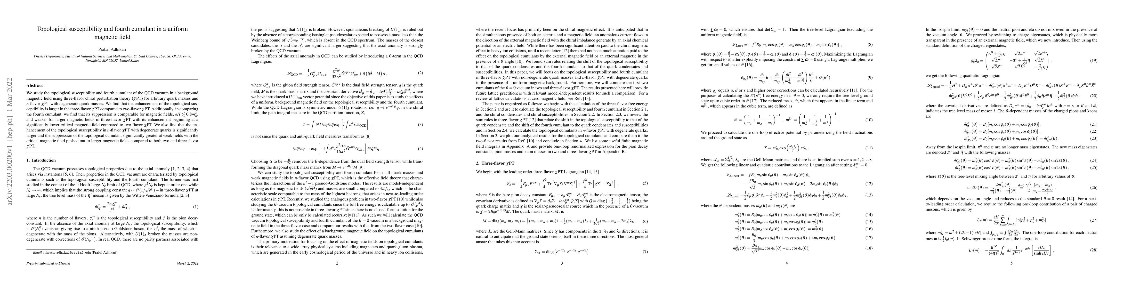 Thumbnail for Topological susceptibility and fourth cumulant in a uniform magnetic
  field
