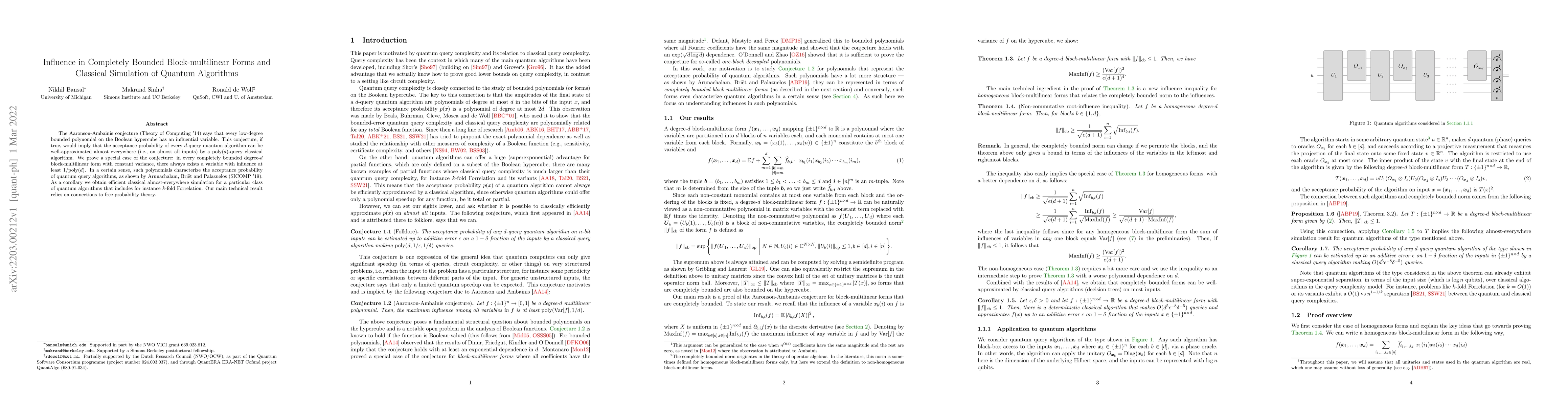 Thumbnail for Influence in Completely Bounded Block-multilinear Forms and Classical
  Simulation of Quantum Algorithms