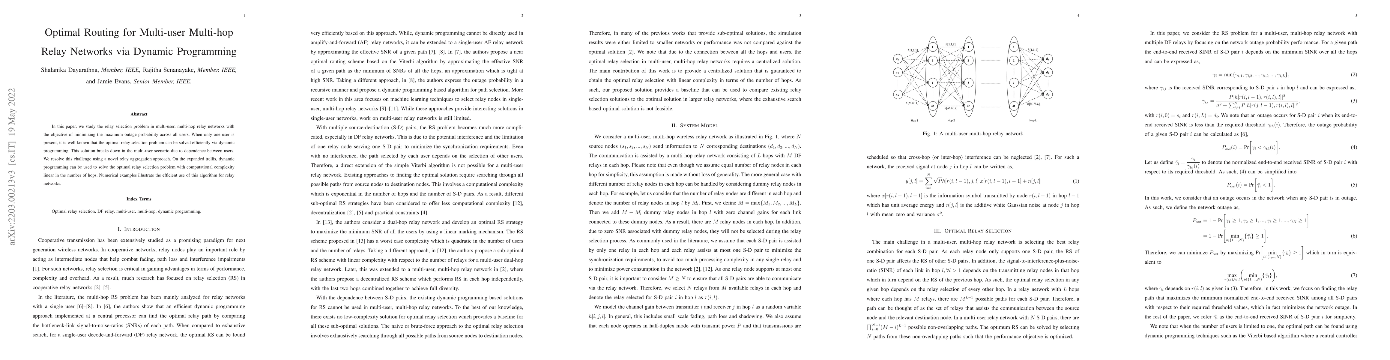 Thumbnail for Optimal Routing for Multi-user Multi-hop Relay Networks via Dynamic
  Programming