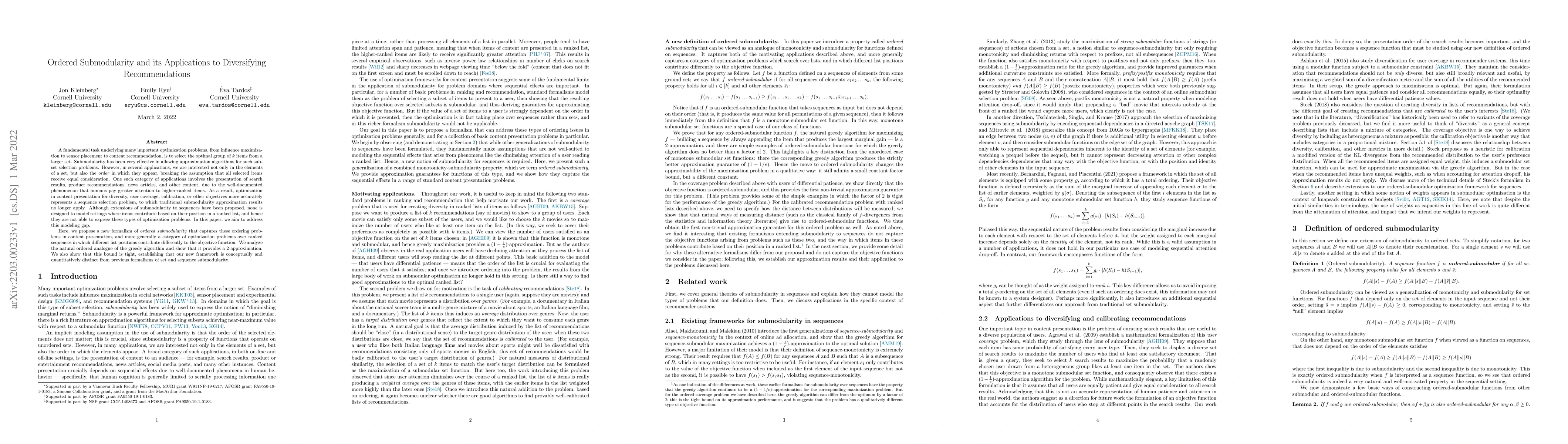 Thumbnail for Ordered Submodularity and its Applications to Diversifying
  Recommendations