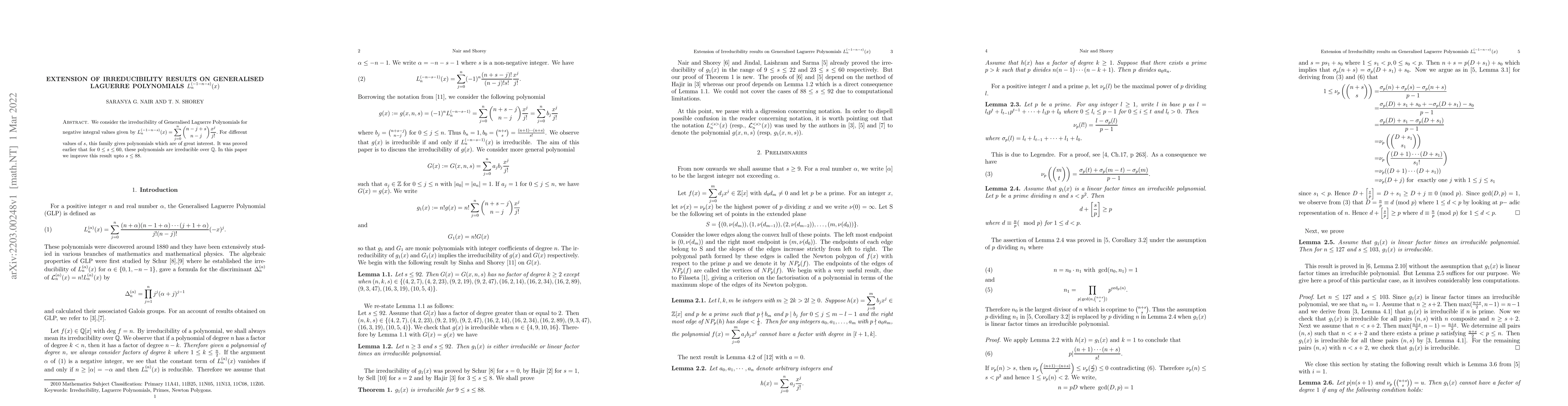Thumbnail for Extension of Irreducibility results on Generalised Laguerre Polynomials
  $L_n^{(-1-n-s)}(x)$