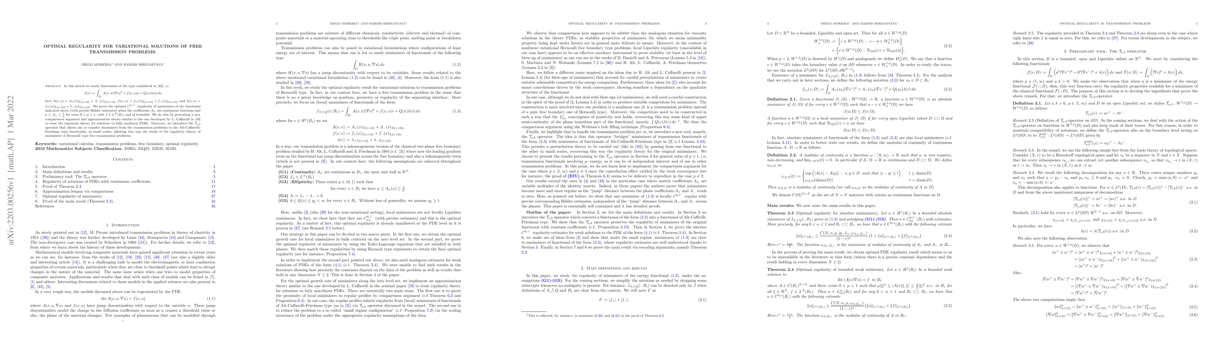 Thumbnail for Optimal Regularity in Transmission Problems]{Optimal regularity for
  variational solutions of free transmission problems
