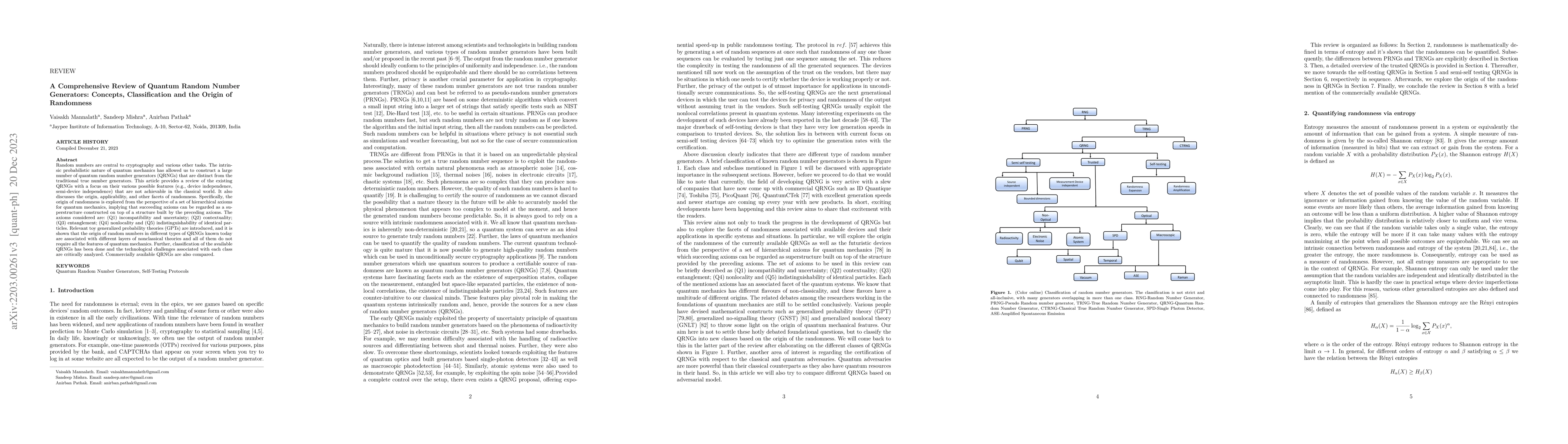 Thumbnail for A Comprehensive Review of Quantum Random Number Generators: Concepts,
  Classification and the Origin of Randomness