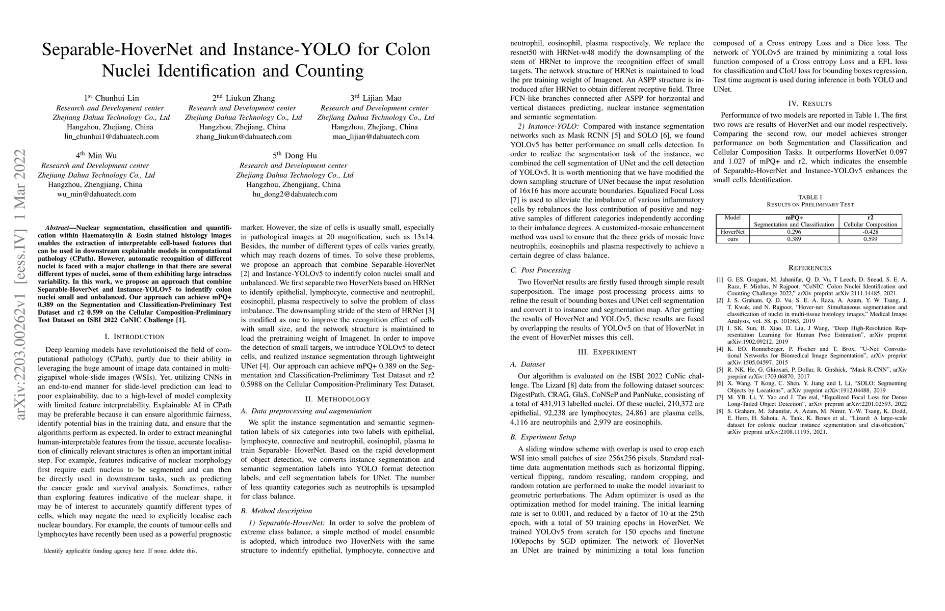 Thumbnail for Separable-HoverNet and Instance-YOLO for Colon Nuclei Identification and
  Counting