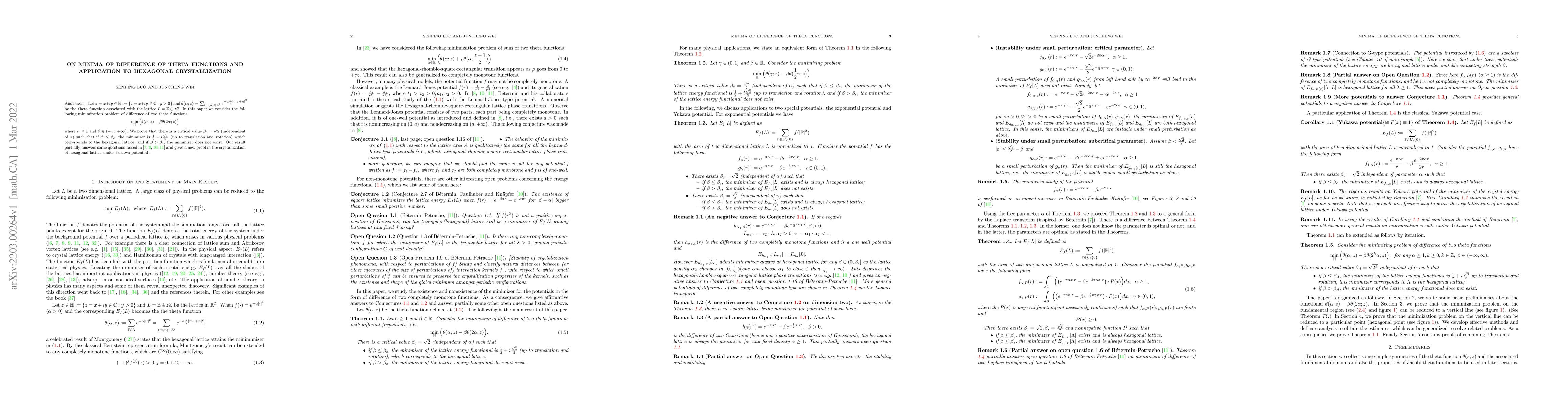 Thumbnail for On minima of difference of theta functions and application to hexagonal
  crystallization
