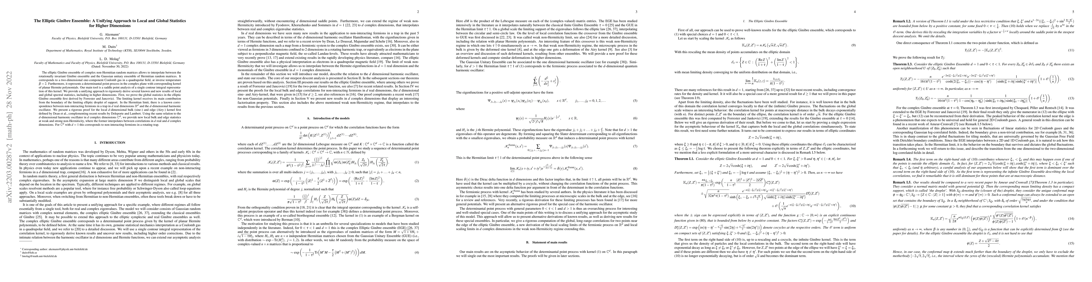 Thumbnail for The Elliptic Ginibre Ensemble: A Unifying Approach to Local and Global
  Statistics for Higher Dimensions