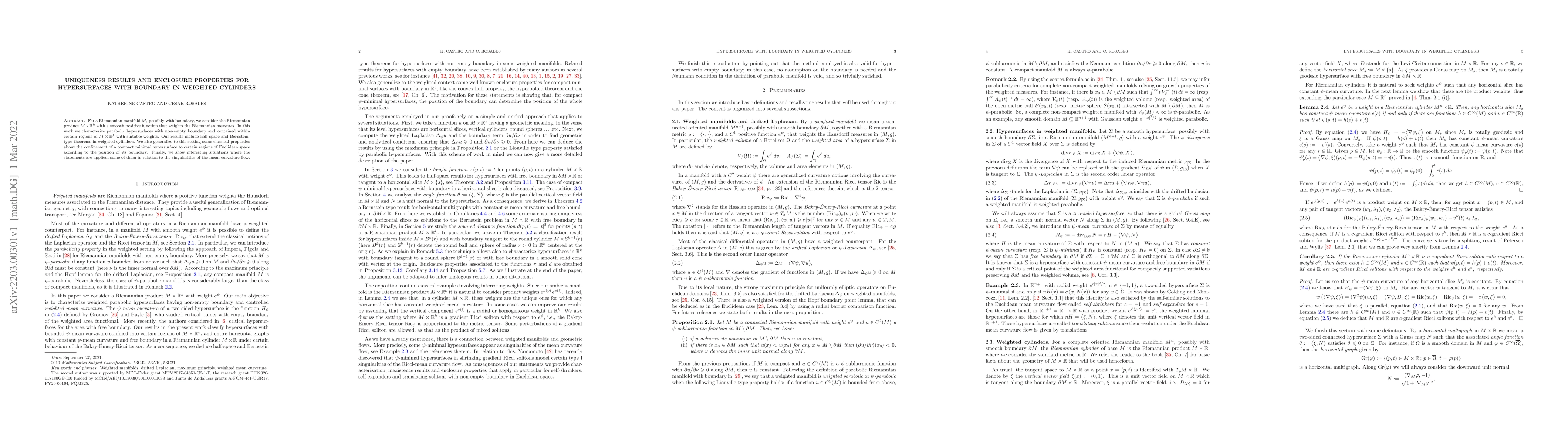 Thumbnail for Uniqueness results and enclosure properties for hypersurfaces with
  boundary in weighted cylinders