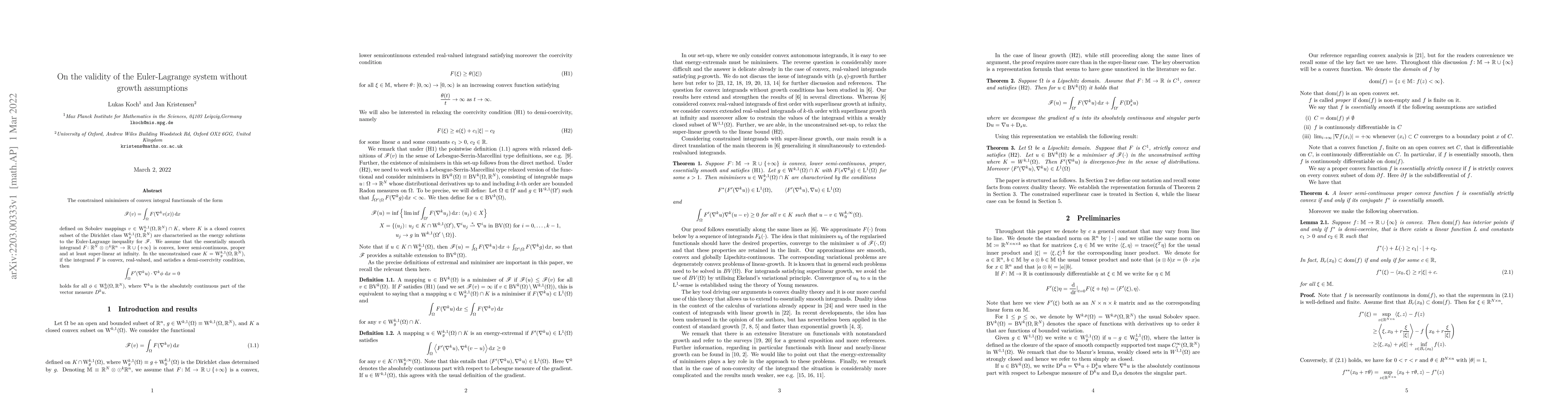 Thumbnail for On the validity of the Euler-Lagrange system without growth assumptions