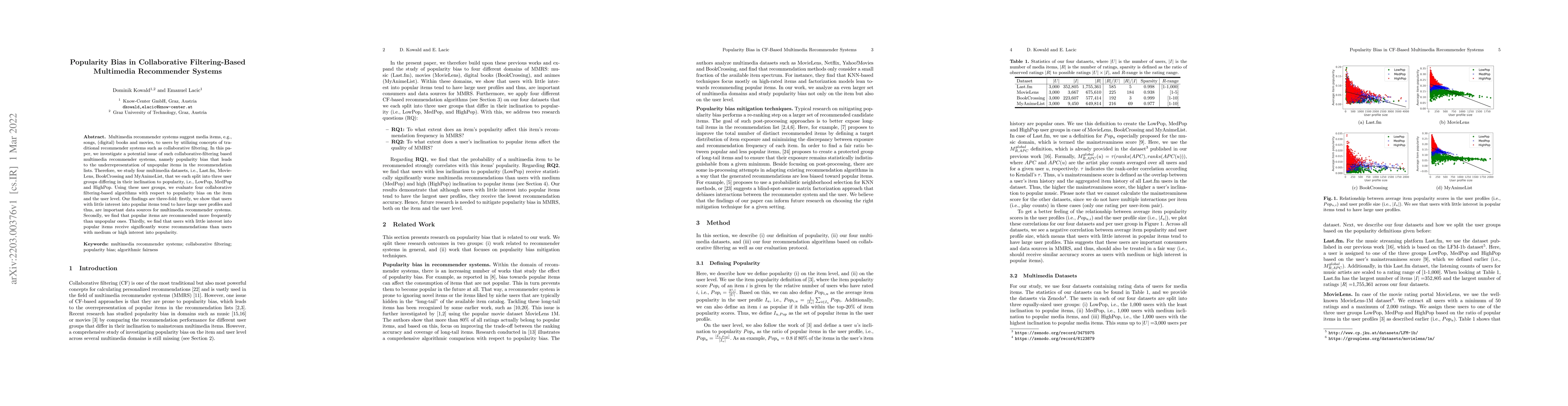 Thumbnail for Popularity Bias in Collaborative Filtering-Based Multimedia Recommender
  Systems