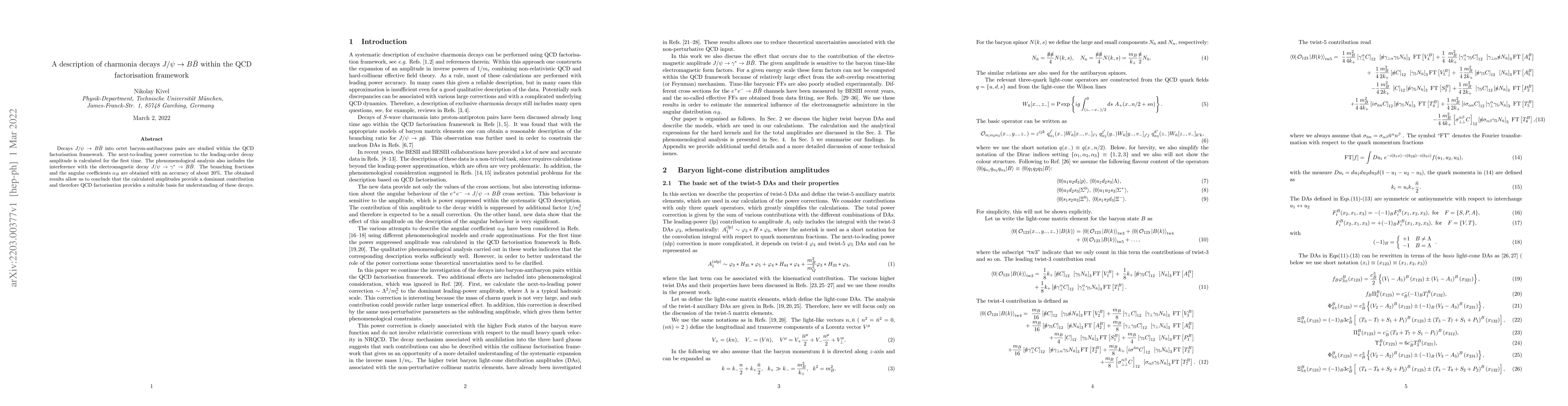 Thumbnail for A description of charmonia decays $J/\psi \rightarrow B\bar B$ within
  the QCD factorisation framework