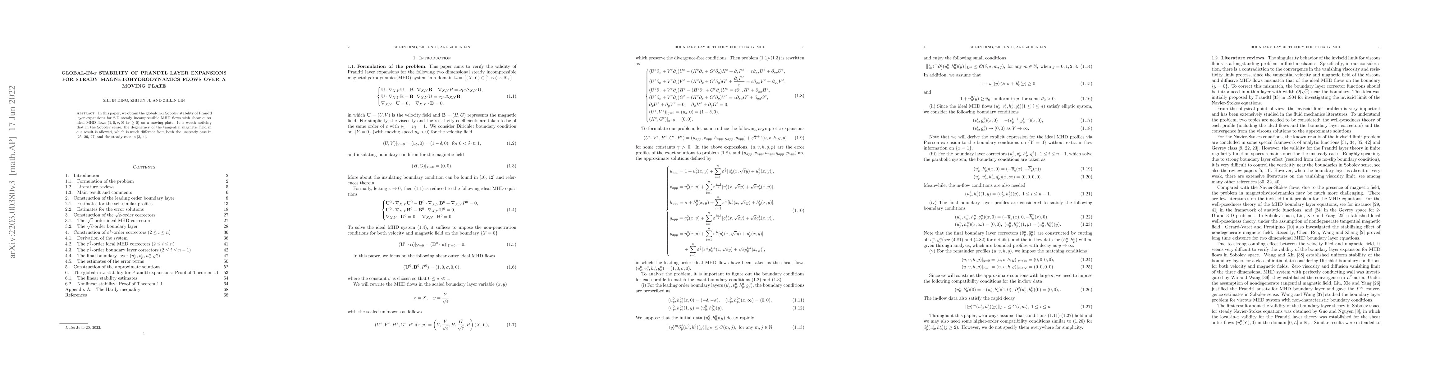 Thumbnail for Global-in-$x$ stability of Prandtl layer expansions for steady
  magnetohydrodynamics flows over a moving plate