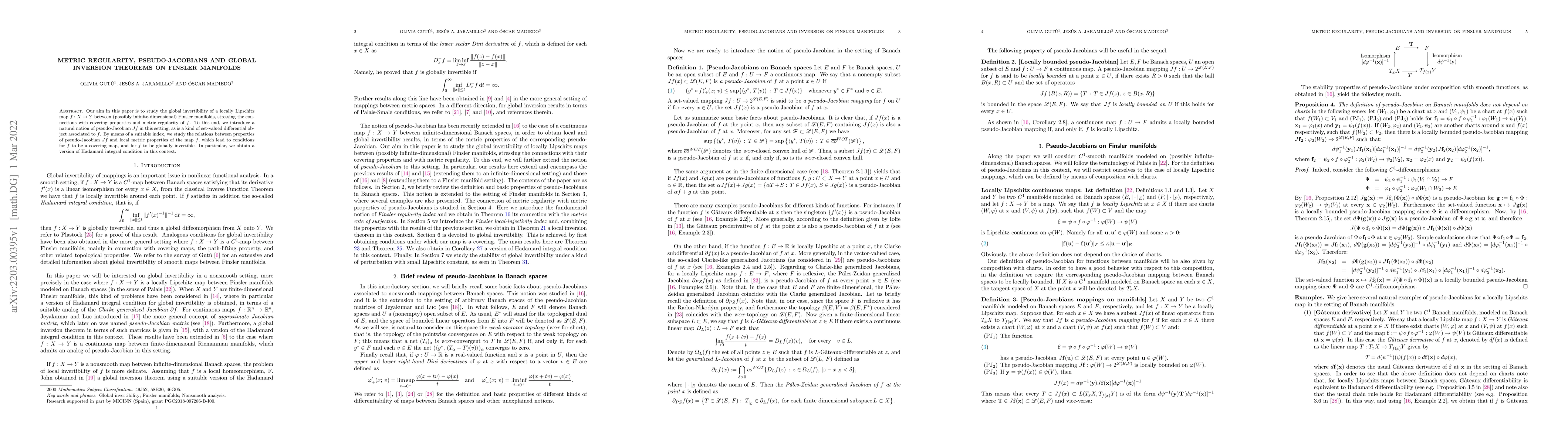 Thumbnail for Metric regularity, pseudo-Jacobians and global inversion theorems on
  Finsler manifolds