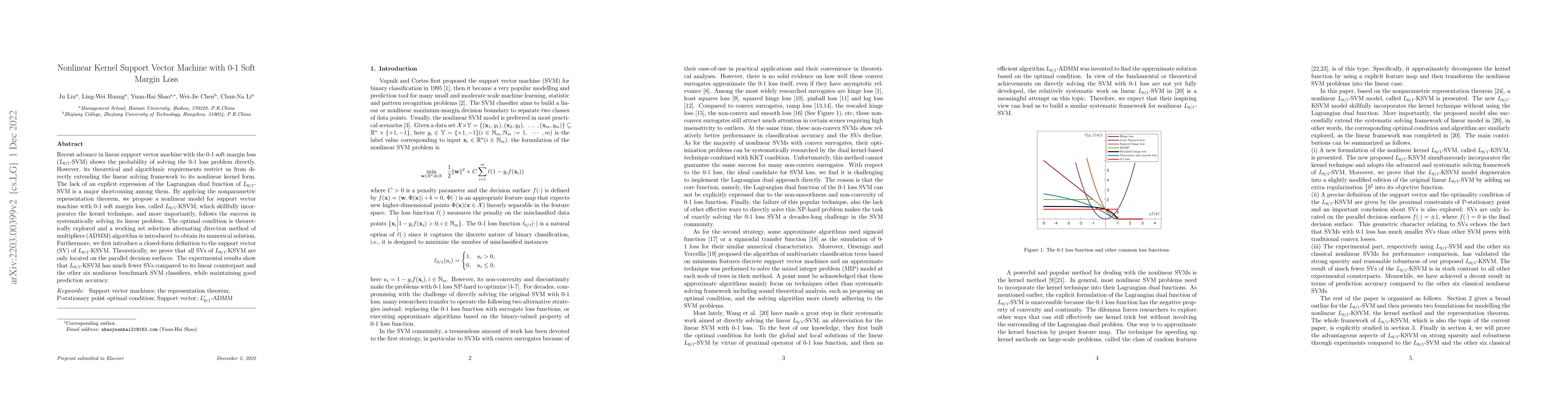 Thumbnail for Nonlinear Kernel Support Vector Machine with 0-1 Soft Margin Loss