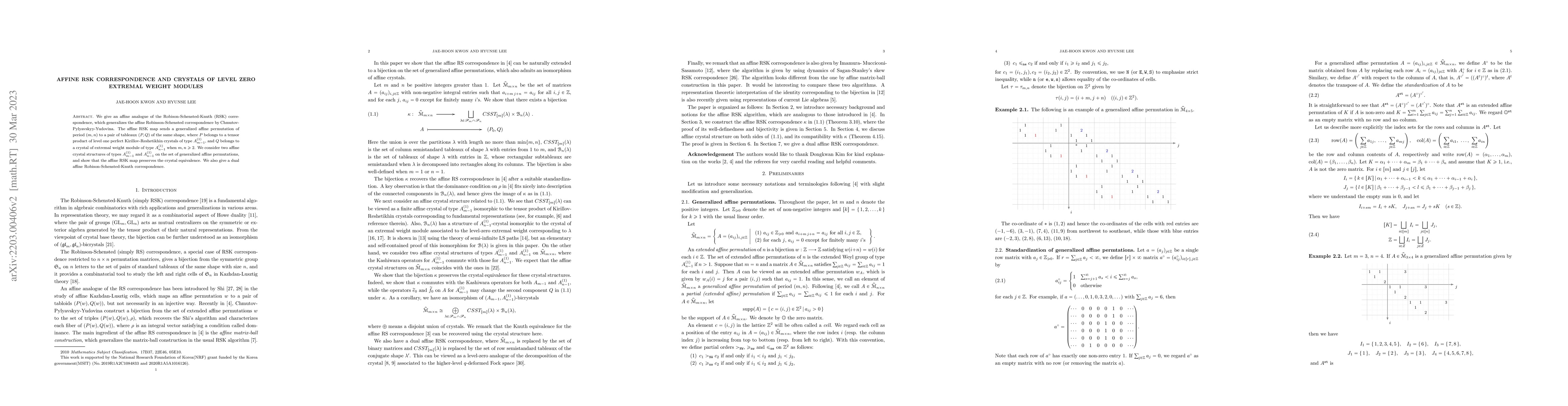 Thumbnail for Affine RSK correspondence and crystals of level zero extremal weight
  modules