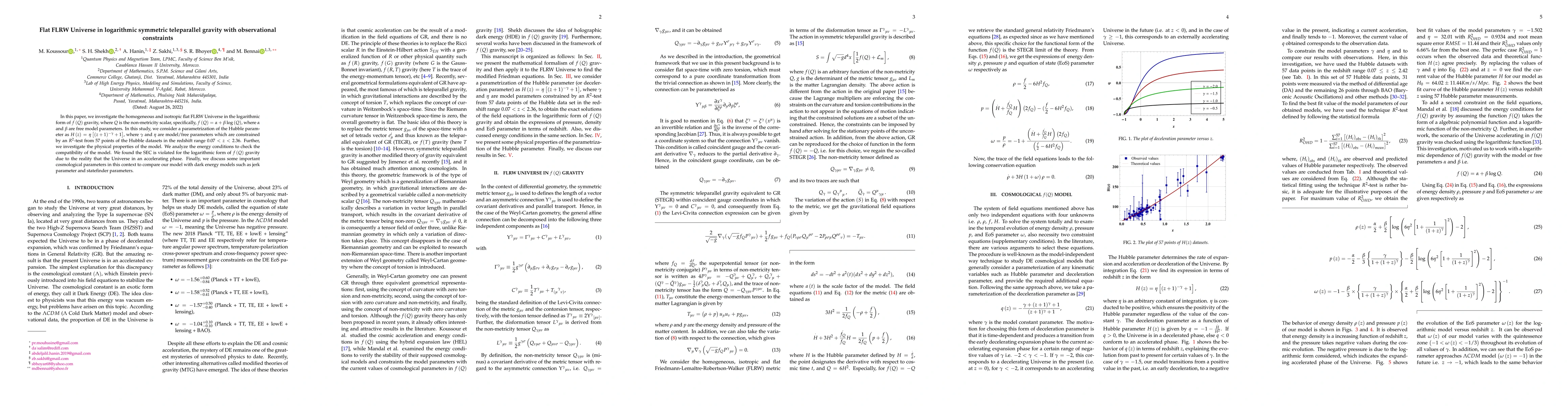 Thumbnail for Flat FLRW Universe in logarithmic symmetric teleparallel gravity with
  observational constraints