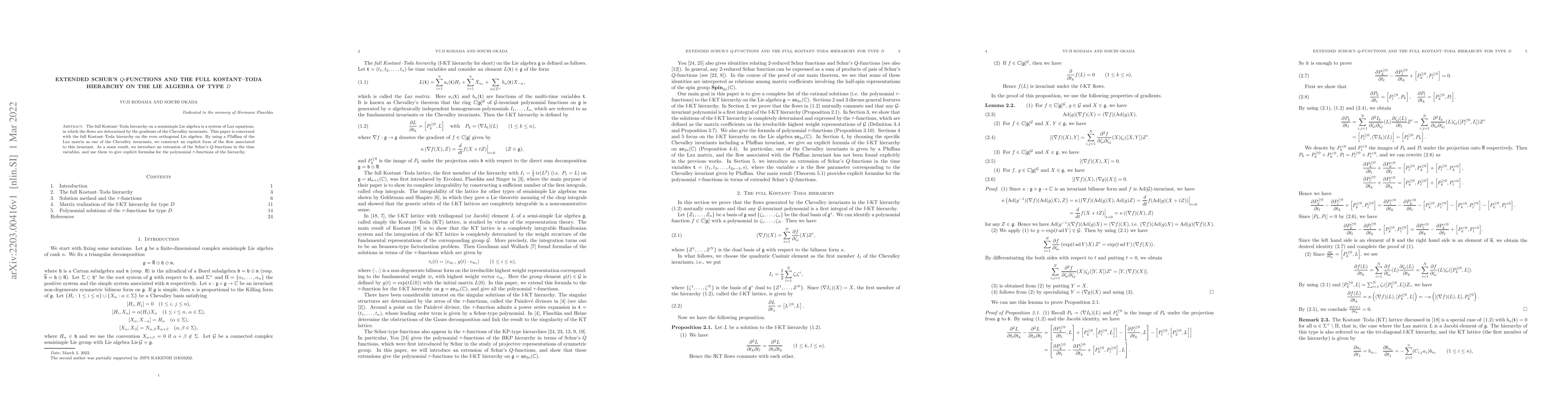 Thumbnail for Extended Schur's $Q$-functions and the full Kostant--Toda hierarchy on
  the Lie algebra of type $D$