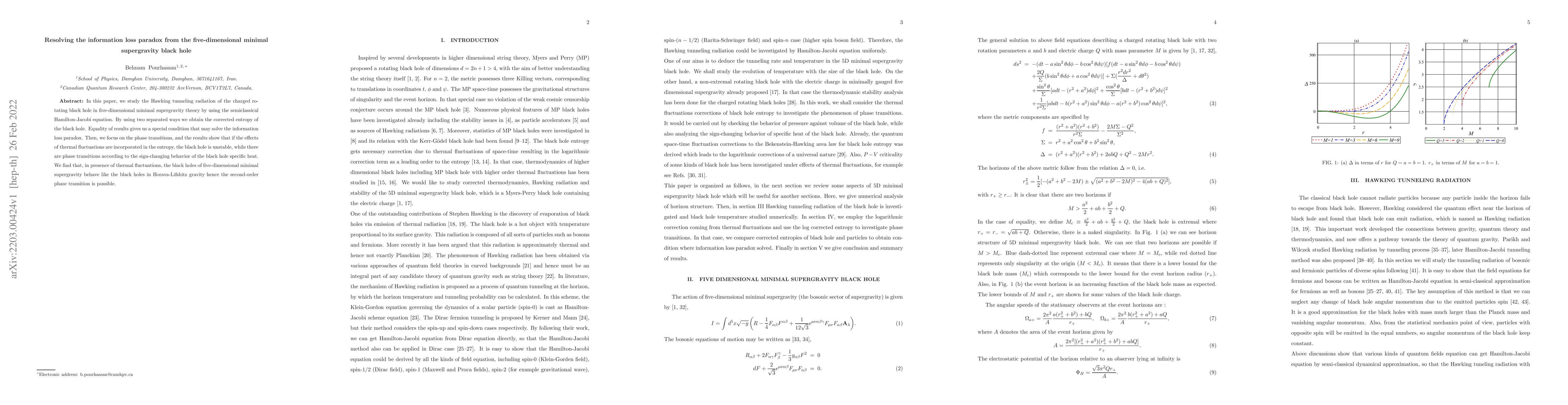 Thumbnail for Resolving the information loss paradox from the five-dimensional minimal
  supergravity black hole