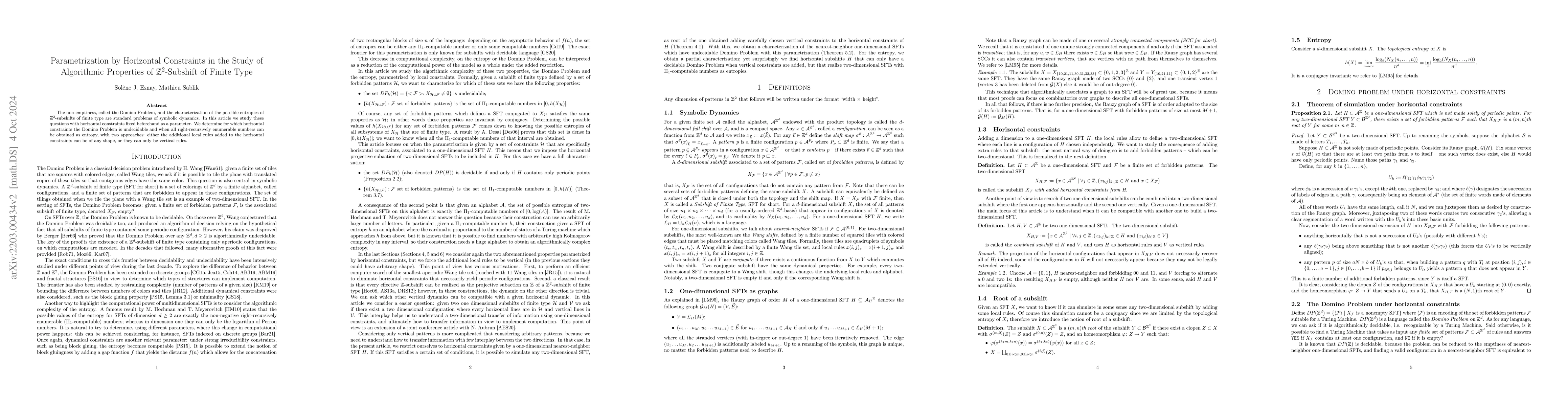 Thumbnail for Parametrization by Horizontal Constraints in the Study of Algorithmic
  Properties of $\mathbb{Z}^2$-Subshift of Finite Type