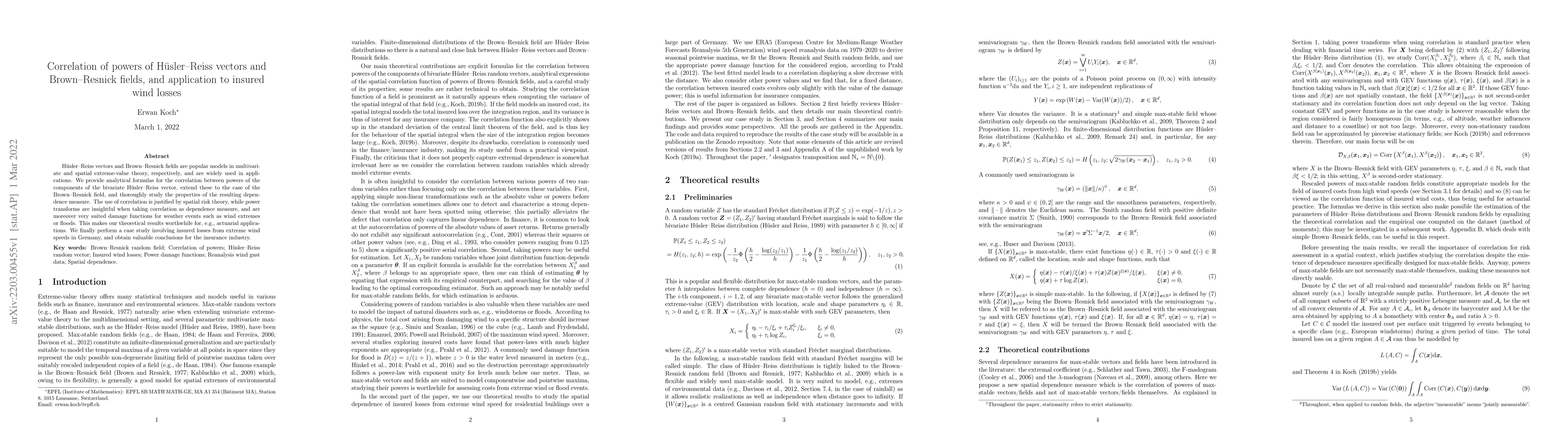Thumbnail for Correlation of powers of H\"usler-Reiss vectors and Brown-Resnick
  fields, and application to insured wind losses