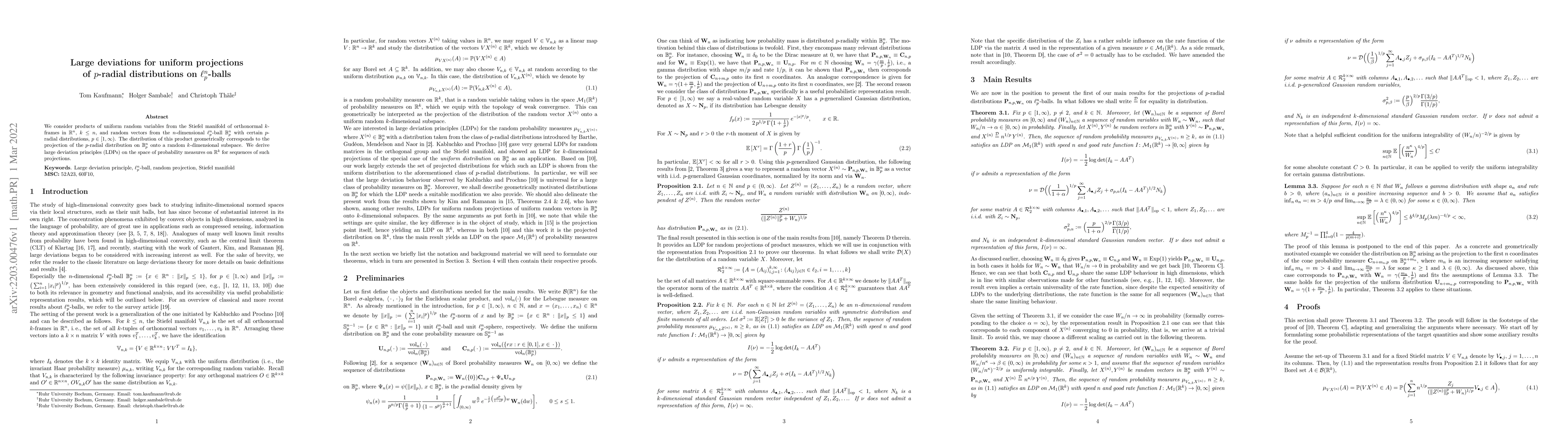 Thumbnail for Large deviations for uniform projections of $p$-radial distributions on
  $\ell_p^n$-balls
