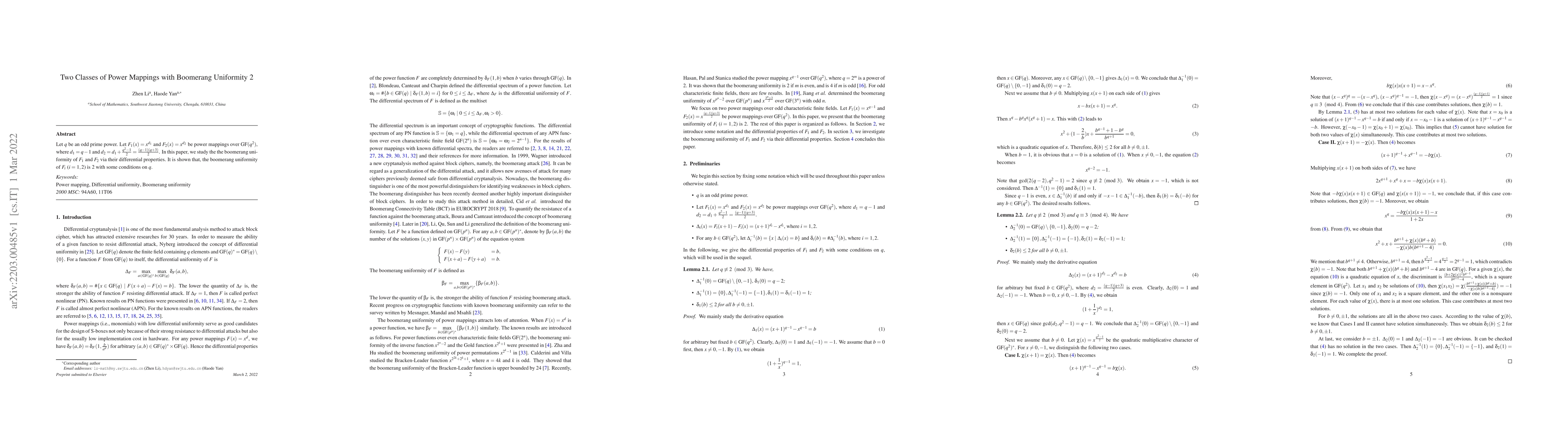 Thumbnail for Two Classes of Power Mappings with Boomerang Uniformity 2