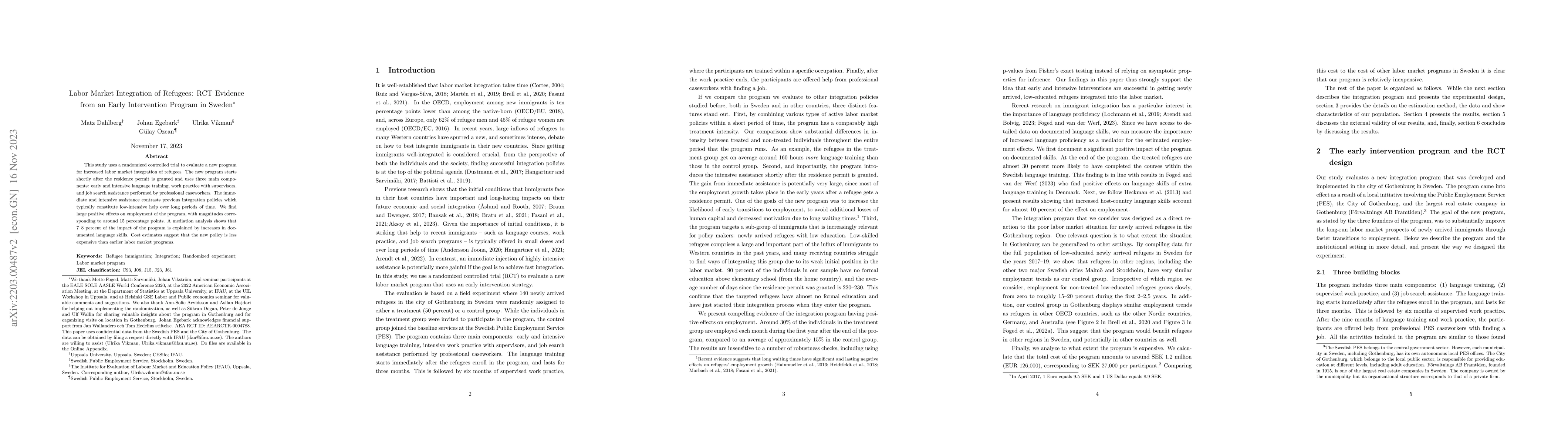 Thumbnail for Labor Market Integration of Refugees: RCT Evidence from an Early
  Intervention Program in Sweden
