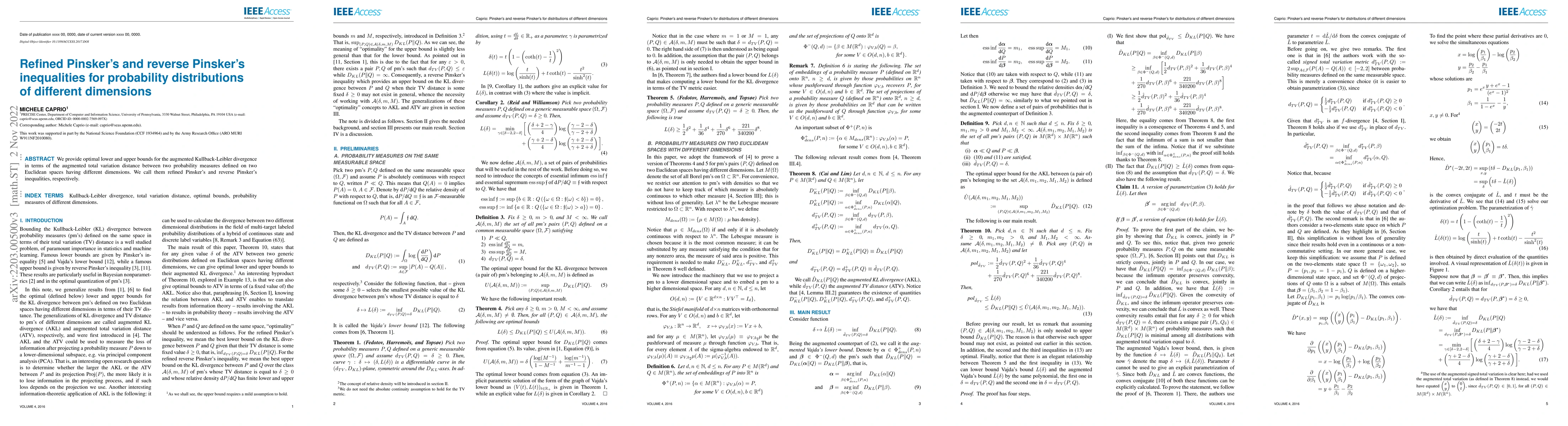 Thumbnail for Refined Pinsker's and reverse Pinsker's inequalities for probability
  distributions of different dimensions