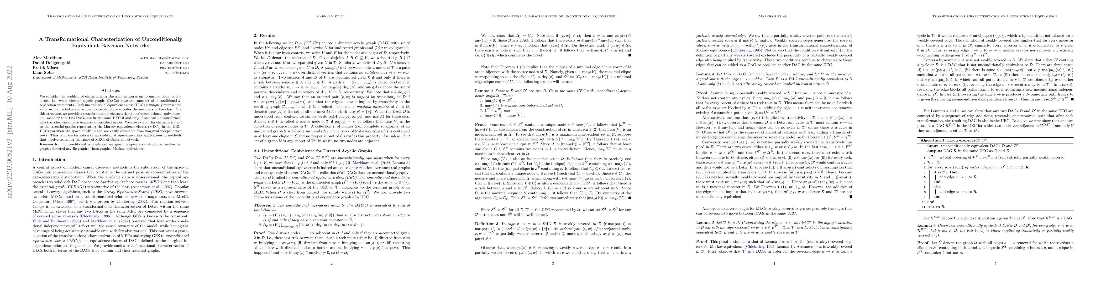 Thumbnail for A Transformational Characterization of Unconditionally Equivalent
  Bayesian Networks