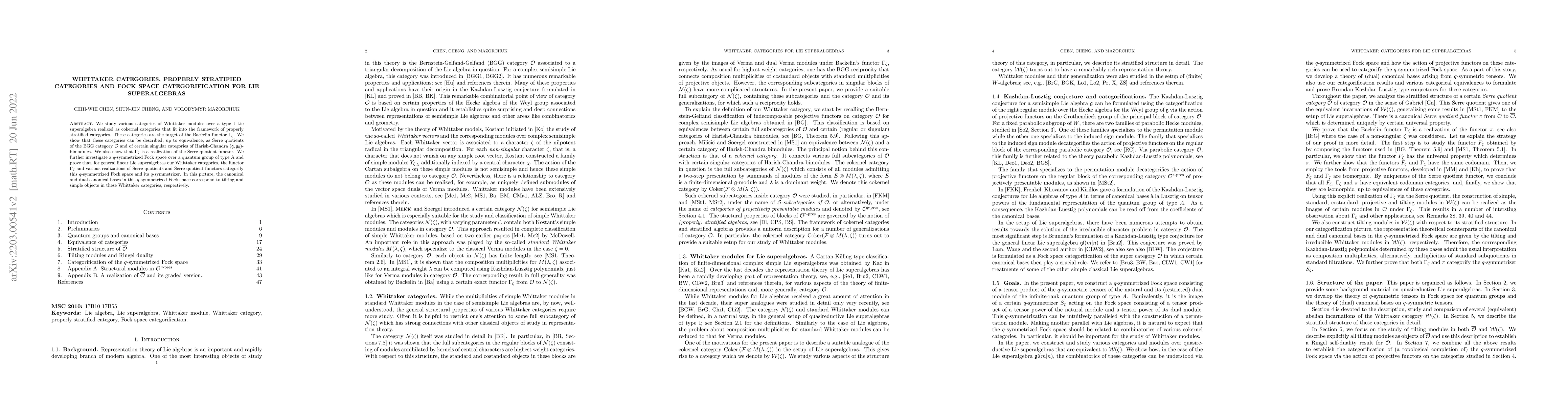 Thumbnail for Whittaker categories, properly stratified categories and Fock space
  categorification for Lie superalgebras