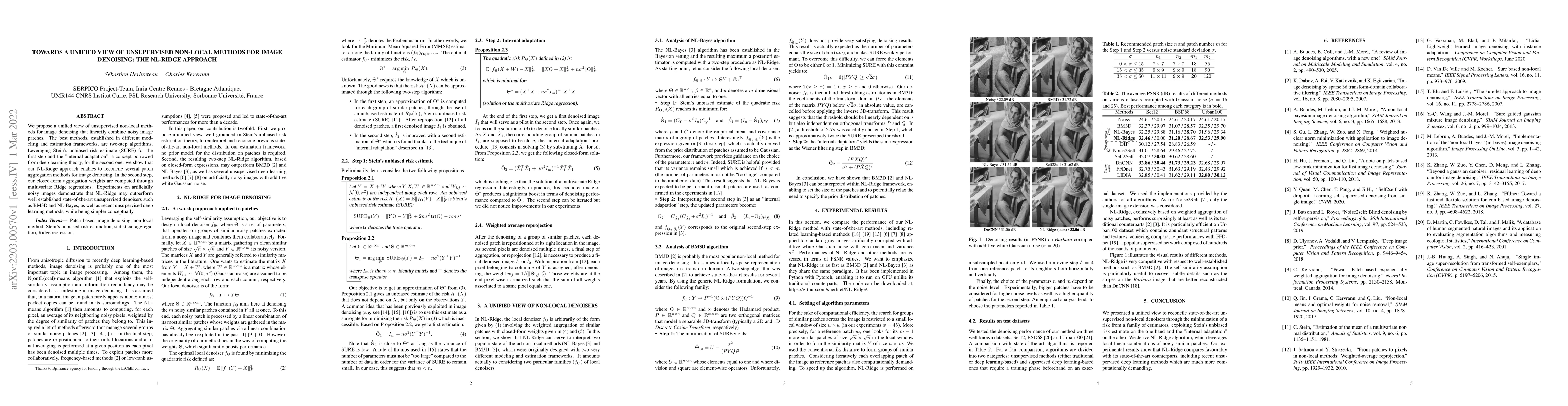 Thumbnail for Towards a unified view of unsupervised non-local methods for image
  denoising: the NL-Ridge approach