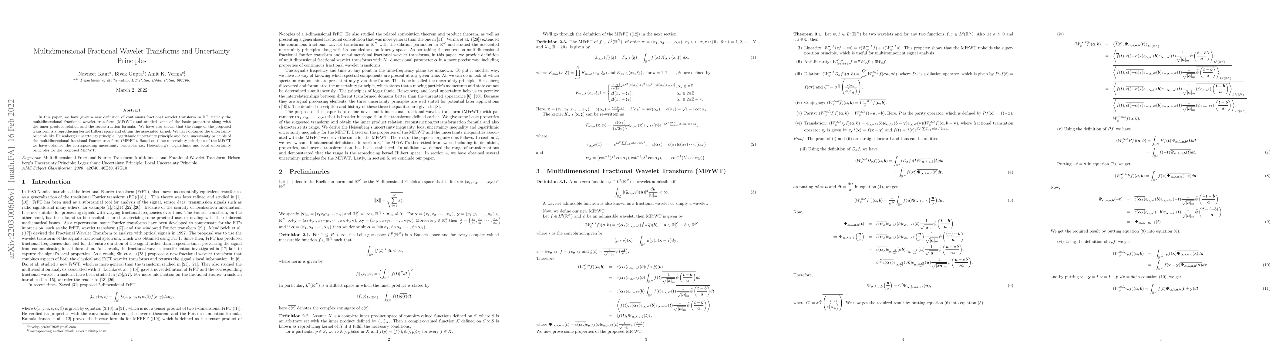 Thumbnail for Multidimensional Fractional Wavelet Transforms and Uncertainty
  Principles