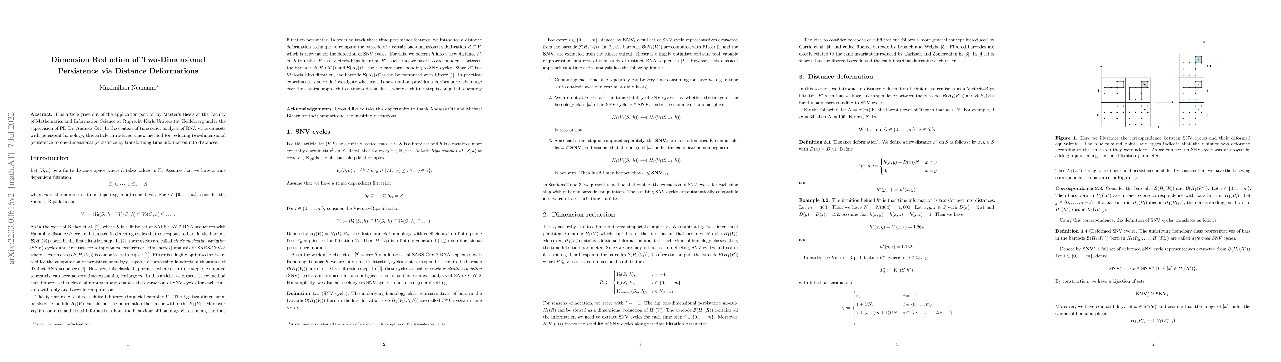 Thumbnail for Dimension Reduction of Two-Dimensional Persistence via Distance
  Deformations